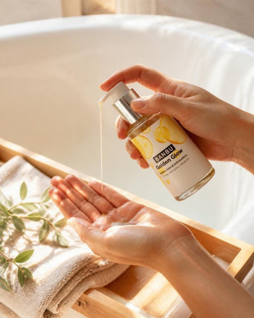 Mano dispensando aceite corporal Golden Glow de BANBU en la palma junto a una bañera