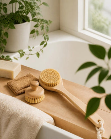 Cepillos exfoliantes de madera y sisal de BANBU sobre el borde de una bañera