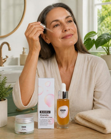 Mujer madura radiante junto a la crema MOON y el sérum OASIS de BANBU