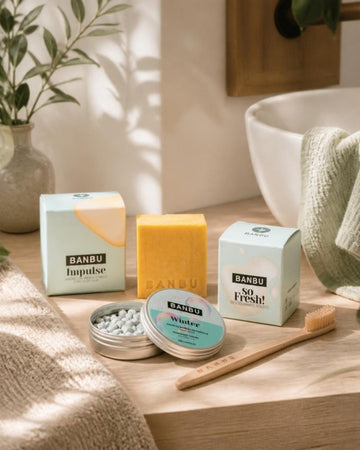 Cosmética residuo cero de BANBU: jabón sólido, desodorante sólido, pasta de dientes en pastillas y cepillo de madera