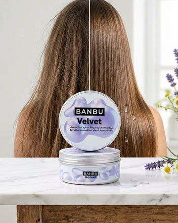 Mascarilla capilar Velvet de BANBU con el antes y después de un pelo seco