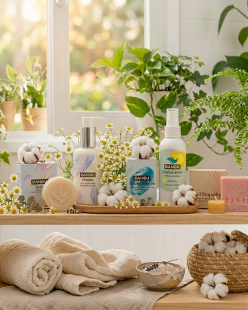 Productos corporales naturales para piel sensible con toallas y flores de manzanilla