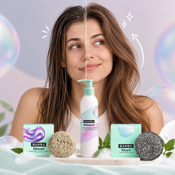 Antes y después de un pelo graso y fino junto al champú BLOOM, el champú MARE y el acondicionador BALANCE de BANBU