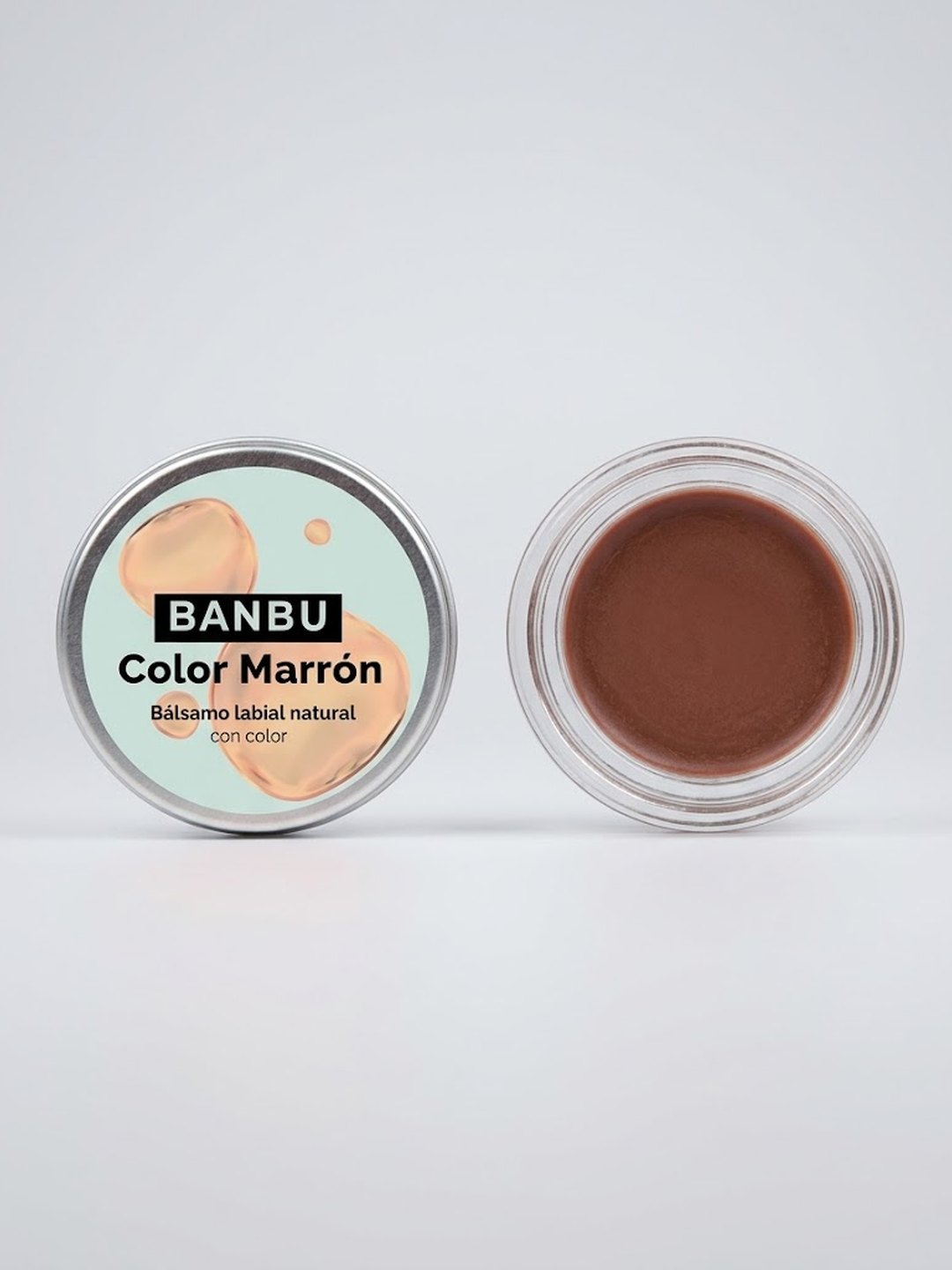 Bálsamo labial con color marrón Banbu, envase de cristal y tapa