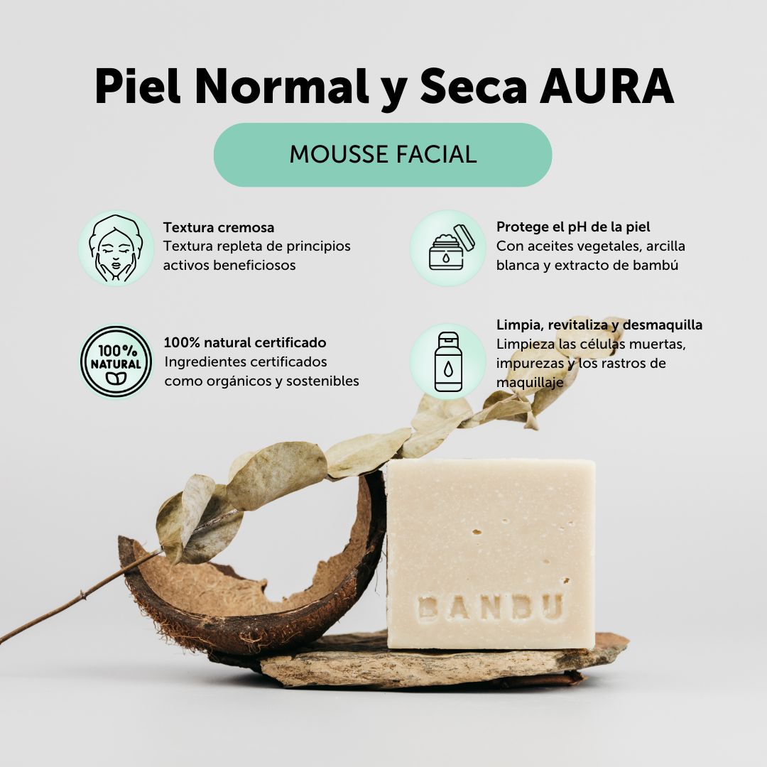 Mousse facial para piel normal y seca aura con textura cremosa repleta de principios activos, protege el ph de la piel con aceites vegetales, arcilla blanca y extracto de banbú, todos los ingredientes naturales. Limpia, revitaliza y desmaquilla. 