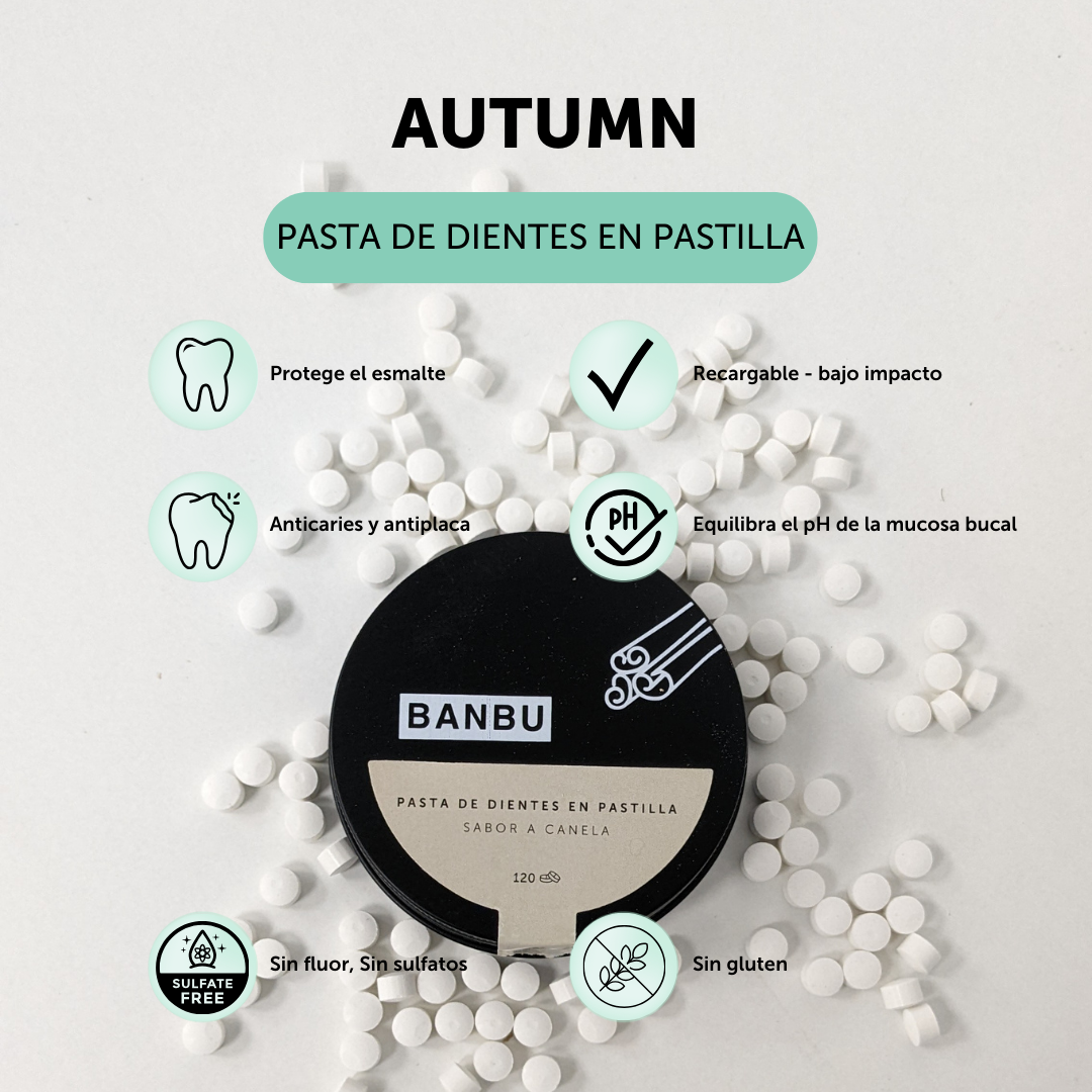 Beneficios pasta de dientes en pastilla AUTUMN con sabor a canela: protege el esmalte, bajo impacto, recargable, anticaries y antiplaca, equilibra el ph de la mucosa bucal, sin gluten y sin flúor ni sulfatos. 