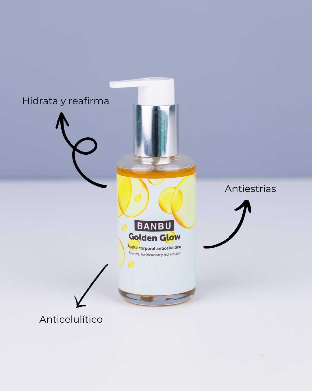 Aceite anticelulítico Golden Glow en envase de cristal, un aceite corporal natural con efecto reafirmante y antiestrías.