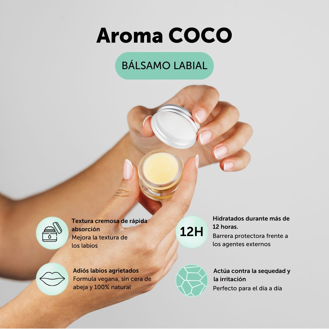 Bálsamo de labios con aroma a coco con una textura cremosa de rápida absorción que mejora la textura de los labios y los mantiene hidratador durante más de 12 horas, haciendo de barrera protectora frente a los agentes externos. Olvídate de los labios agrietados con nuestra fórmula vegana, sin cera de abeja y 100% natural. Actúa contra la sequedad y la irritación de los labios. 