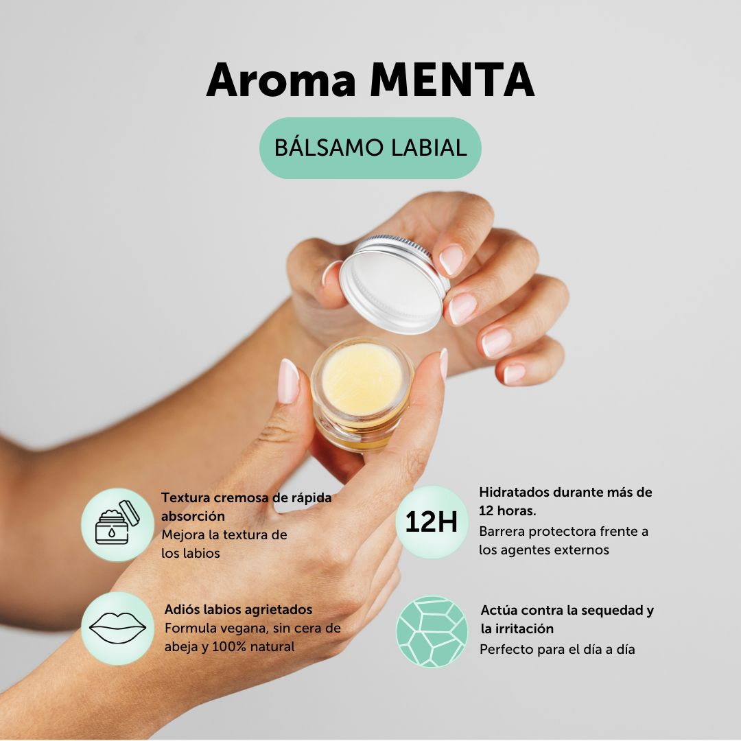 Bálsamo labial de menta con textura cremosa y de rápida absorción que mejora la textura de los labios y los mantiene hidratados durante más de 12 horas. Adiós a los labios agrietados gracias a su formula natural, vegana y sin cera de abeja. Actúa contra la sequedad y la irritación. 