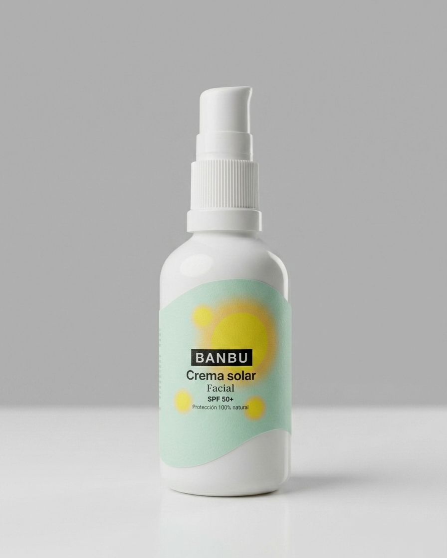 Bote de crema solar facial mineral SPF 50 con ingredientes naturales.