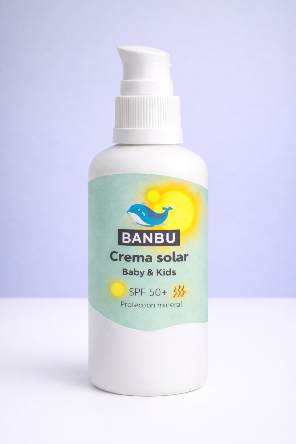 Protector solar para niños y bebés SPF50 con filtro mineral de óxido de zinc no nano en envase de vidrio.