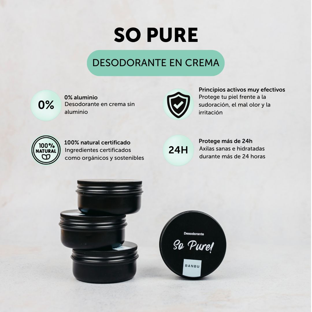 Desaodorante so pure en formato crema sin aluminio, con principio activos que protegen la piel frente  a la sudoración, el mal olor y la irritación durante más de horas.  