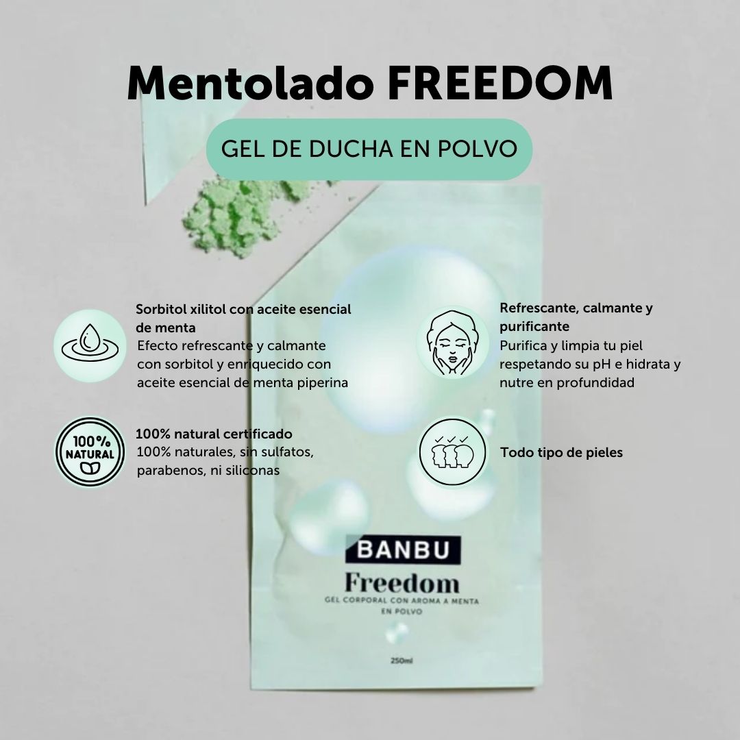 Gel de ducha con aroma a menta en polvo. Viene en pequeñas partículas de polvo que se mezclan con 250ml de agua y queda un gel líquido refrescante. 