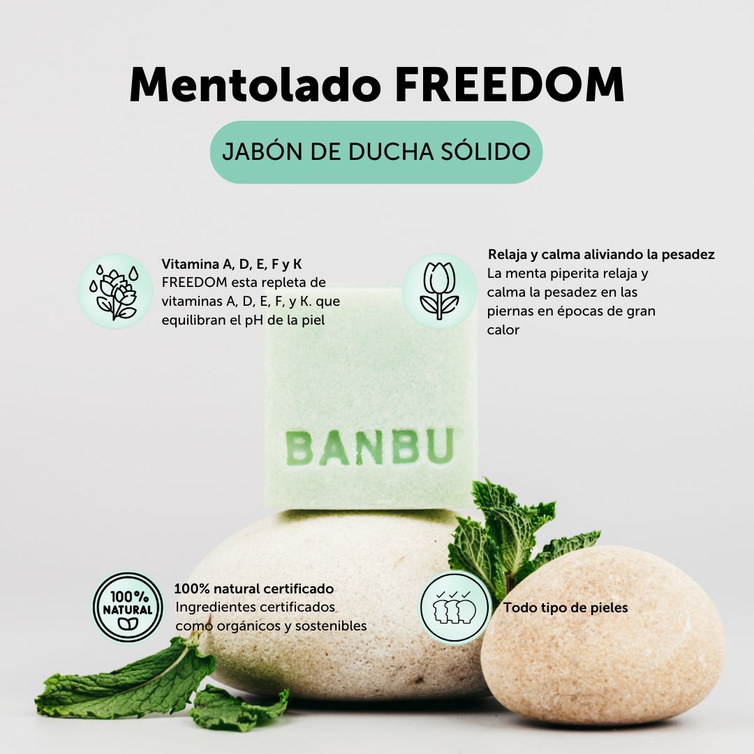 jabon de ducha mentolado con vitamina A, D, E, F y K que equilibra el PH de la piel, además relaja y calma la pesadez gracias a la menta pipereta. Todos sus ingredientes son 100% naturales certificados como orgánicos y sostenibles. Es apto para todo tipo de pieles. 