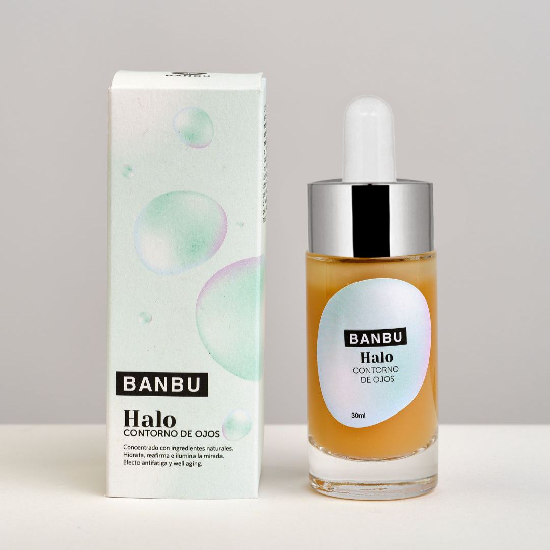 Contorno de ojos ecológico HALO de Banbu en su envase con una textura ligera y refrescante, ideal para tratar ojeras y signos de fatiga