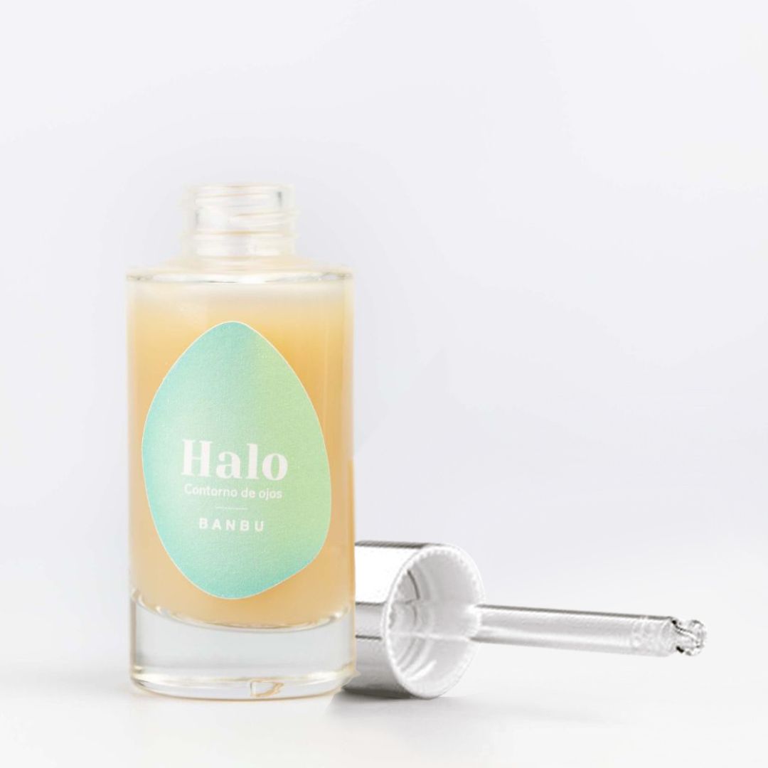 Envase del contorno de ojos ecológico HALO de Banbu en vidrio y con pipeta cuentagotas, diseñado para hidratar y revitalizar la zona delicada del contorno de ojos.