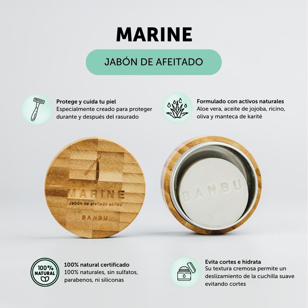 jabón de afeitado sólido de banbu protege y cuida la piel durante y después del rasurado gracias a los ingredientes 100% naturales y los principios activos con los que esta formulado como son: aloe vera, aceite de jojoba, ricino, oliva y manteca de Karité. Evita cortes e hidrata gracias a su textura cremosa que permite deslizar la cuchilla por la piel. 