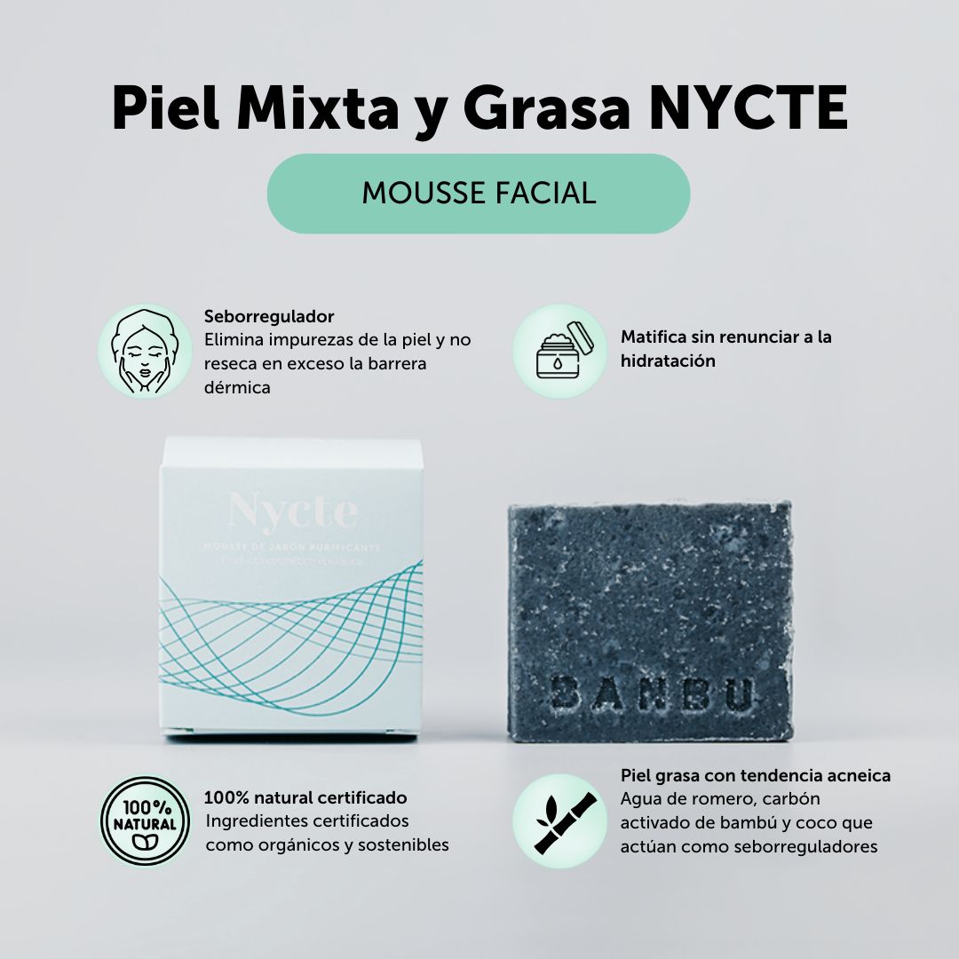 Mousse facial nycte para piel mixta o grasa. actúa como seborregulador eliminando las impurezas de la piel sin resecar la barrera dérmica, matifica sin renunciar a la hidratación, es 100% natural y esta indicado para piel grasa con tendencia acneica que contiene agua de romero, carbón activado de bambú y coco. 