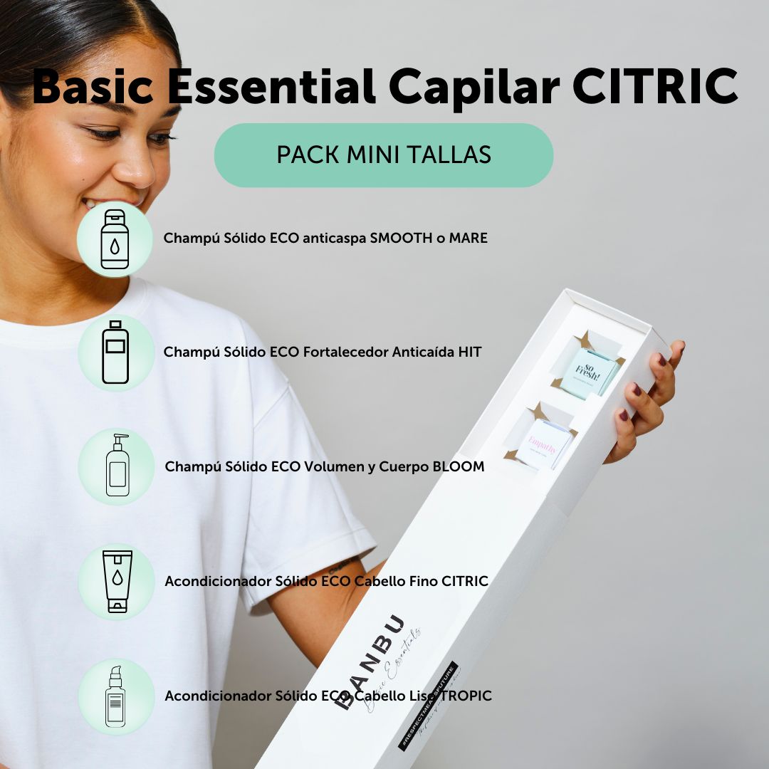 Pack de mini tallas capilares citric: champú sólido anticaspa smooth, champú sólido fortalecedor HIT, champú sólido volumen y cuerpo BLOOM, acondicionador sólido cabello fino CITRIC y acondicionador cabello liso TROPIC