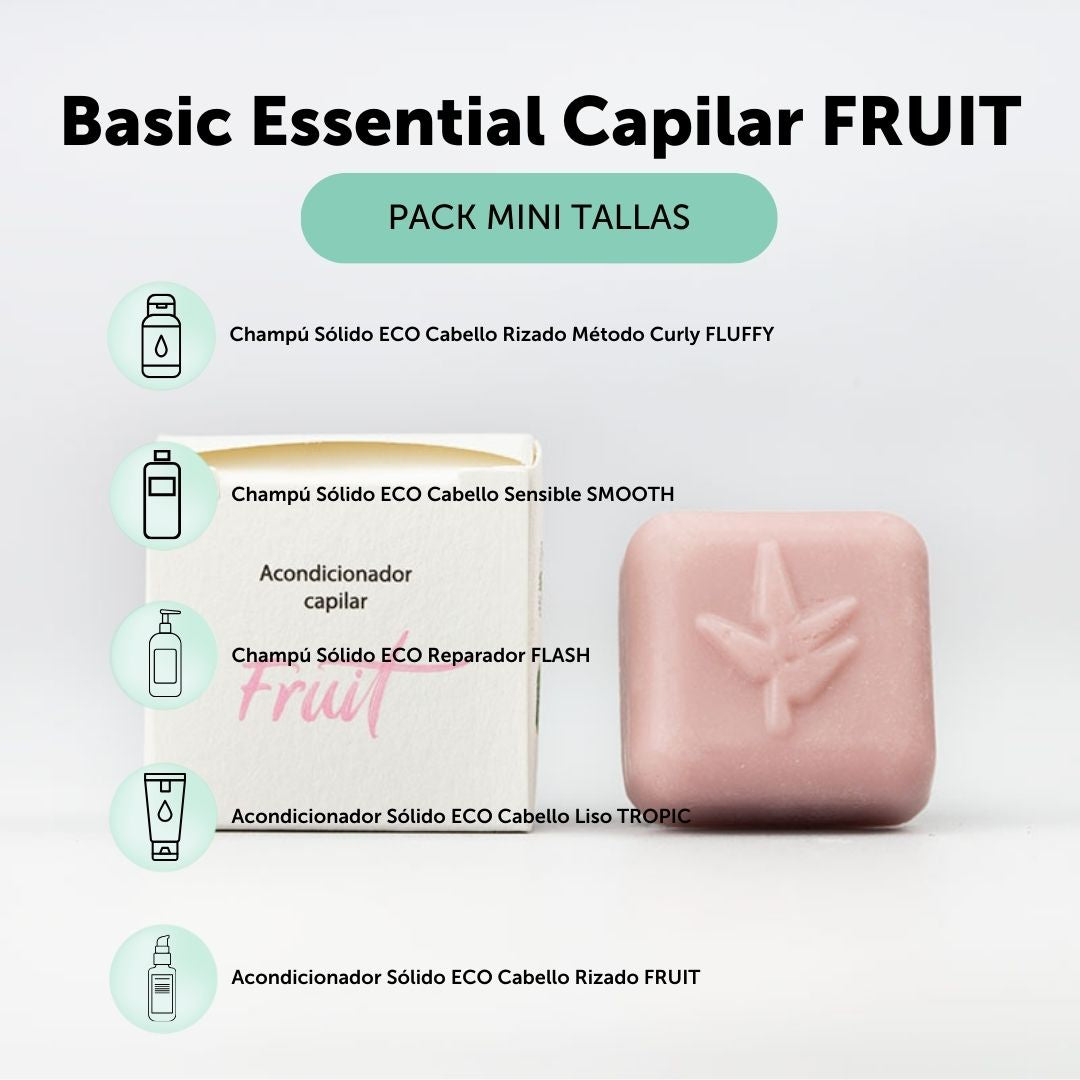 pack mini tallas capilar fruit que incluye un champú sólido de cabello rizado fluffy, champú sólido anticaspa y cabello sensible smooth, un champú sólido reparador flas, un acondicionador sólido cabello liso TROPIC y un acondicionador sólido cabello rizado FRUIT. Todo ello en formato mini talla. 