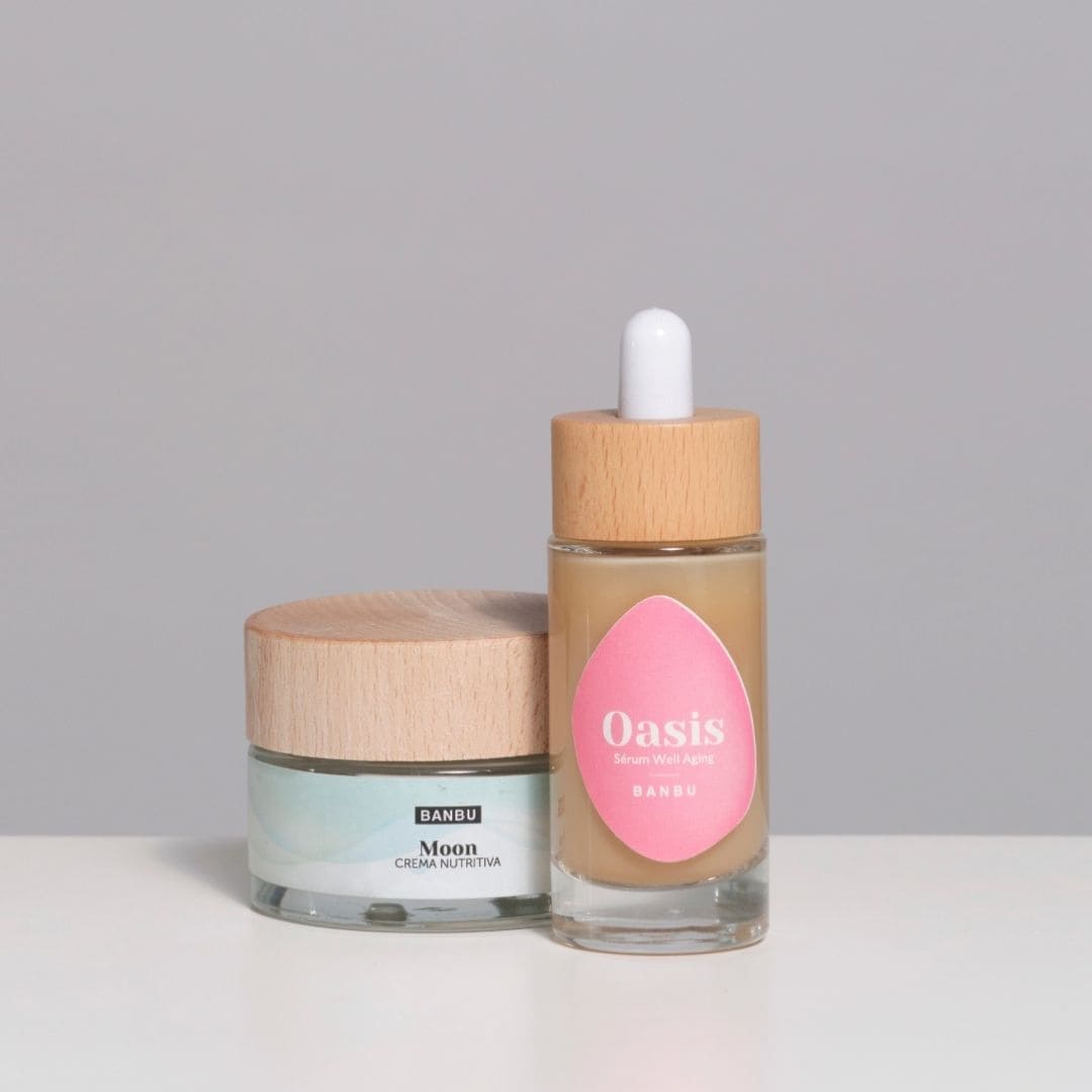 Pack Rutina Facial BÁSICA Ecológica de Banbu para piel madura, incluyendo Sérum Well Aging Oasis y Crema Nutritiva Well Aging Moon, sobre fondo blanco