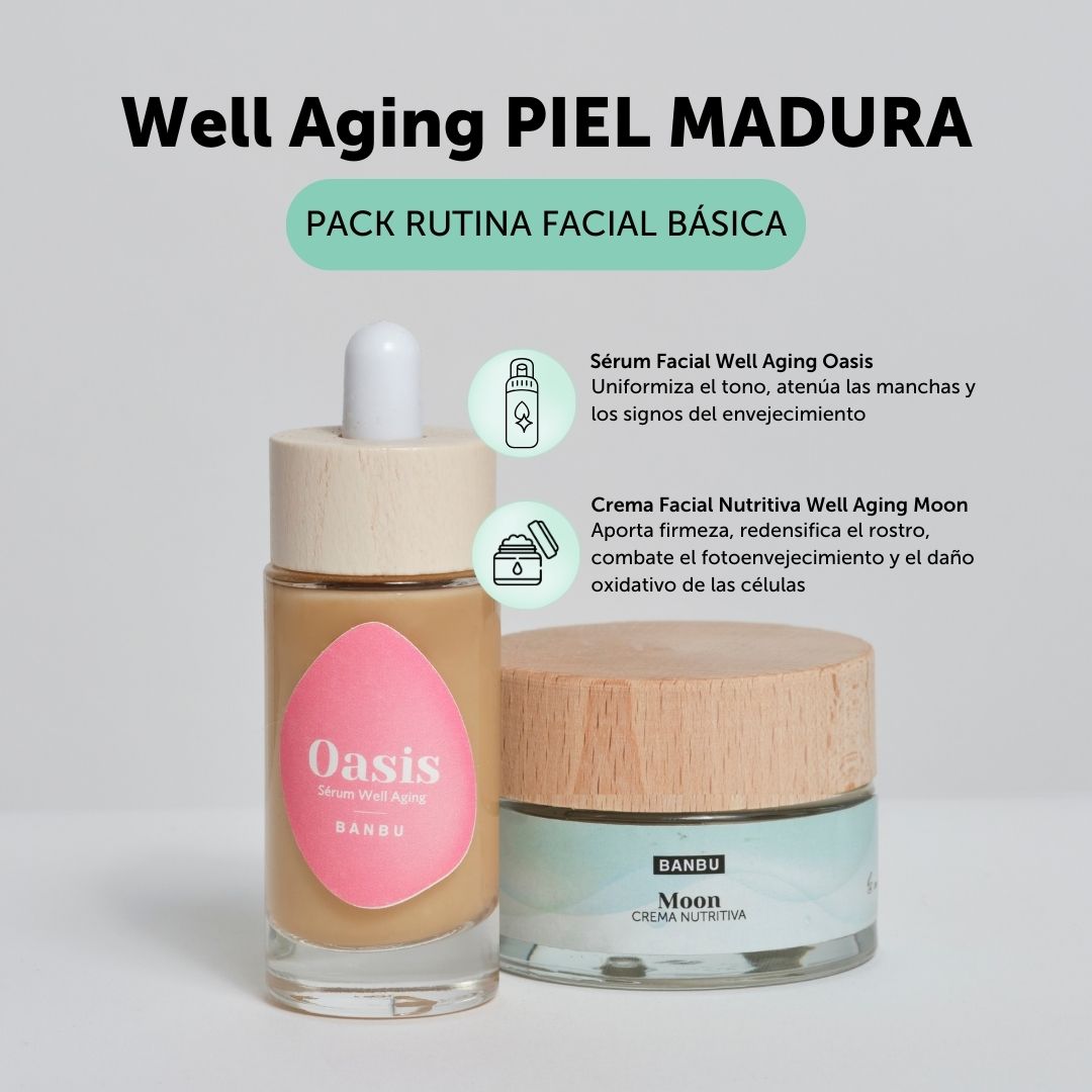 Pack Rutina Facial BÁSICA Ecológica de Banbu para piel madura, incluyendo Sérum Well Aging Oasis y Crema Nutritiva Well Aging Moon, sobre fondo blanco