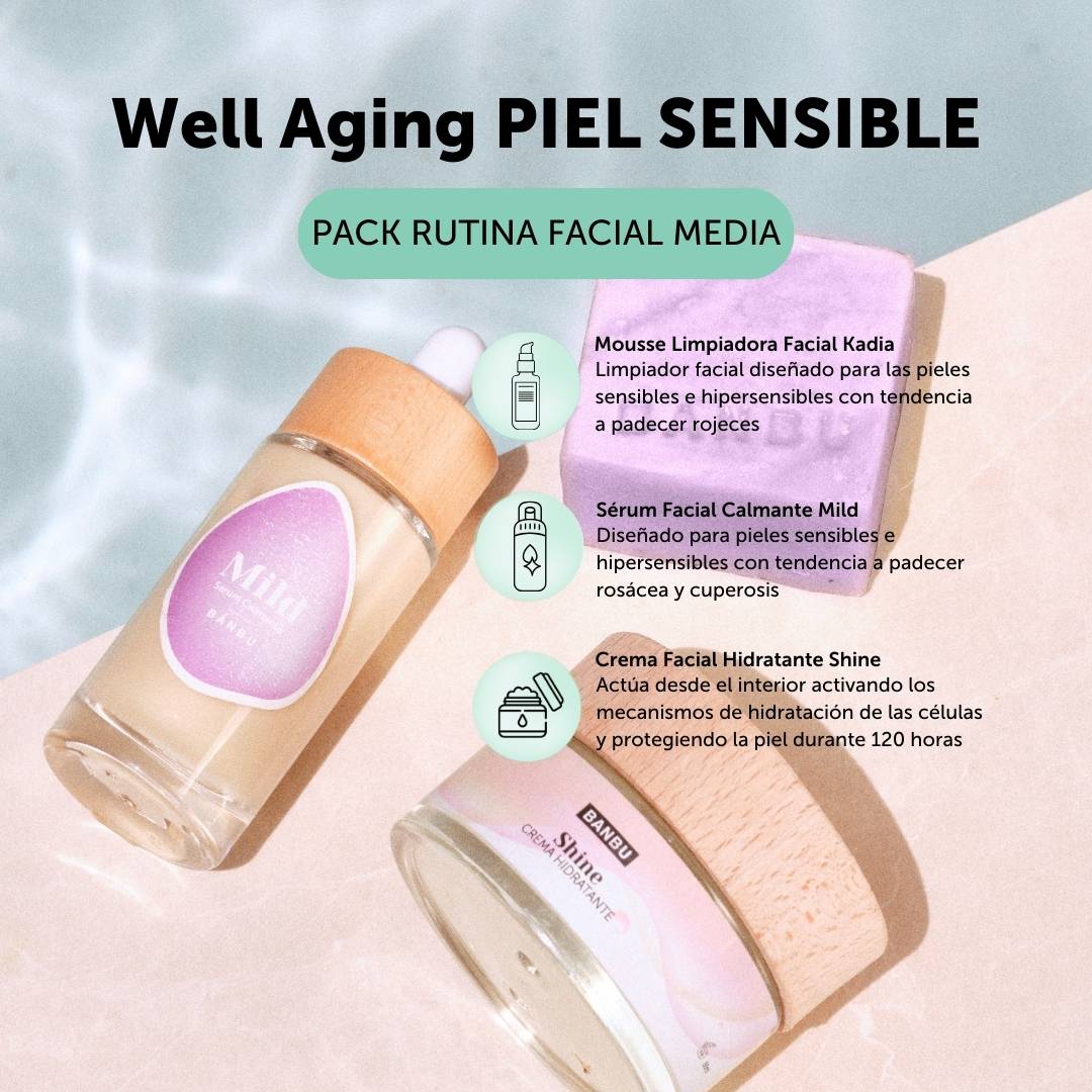 Pack de rutina facial antiedad piel sensible contiene: mousse limpiadora facial kadia diseñado para pieles sensibles cont endencia a padecer rojeces, sérum facial calmante mild diseñado para pieles sensibles e hipersensibles con tendencia a padecer rosácea y cuperosis y crema hidratante shine que activa los mecanismos de hidratación de las células protegiendo la piel durante 120 horas. 