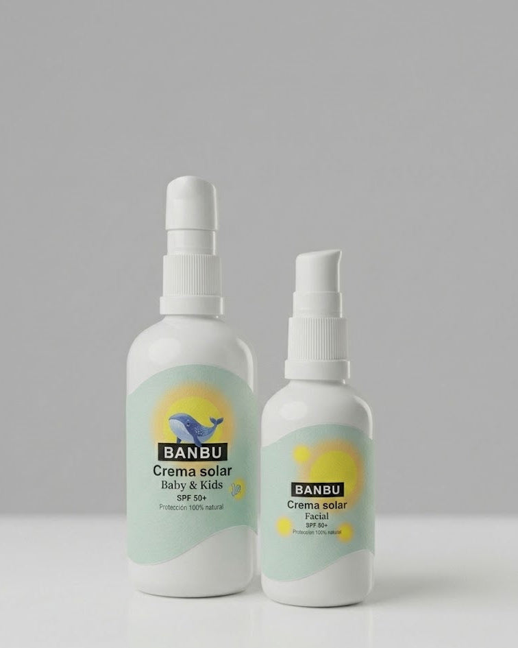 Pack de dos cremas solares con filtro mineral. A elegir entre protector solar para niños, facial o corporal.