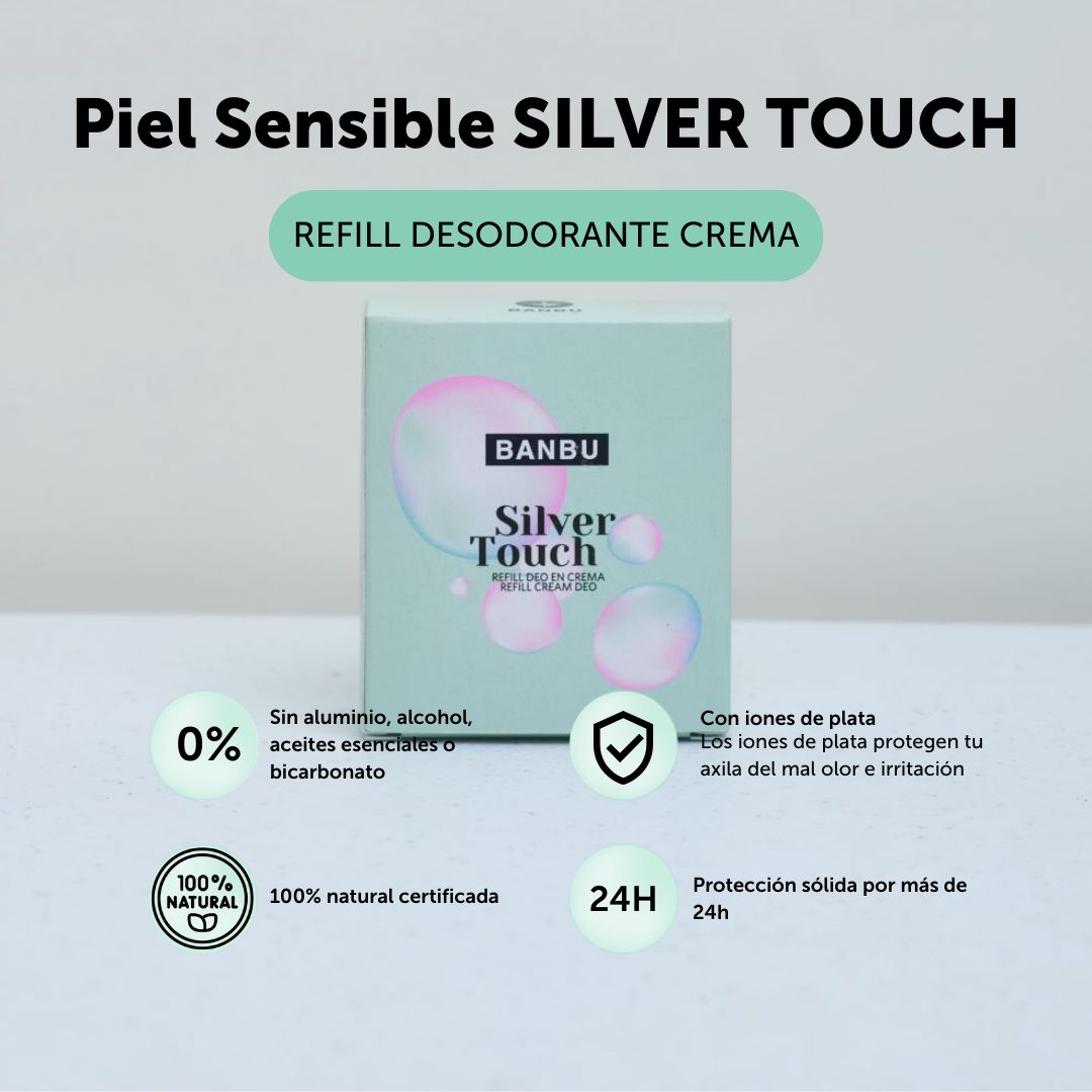 Desodorante en crema para piel sensible silver touch sin alcohol, ni aluminio, aceites esenciales o bicarbonato, contiene iones de pata que protegen la axila del mal olor, los ingredientes son naturales y cuenta con una protección por más de 24 horas. 