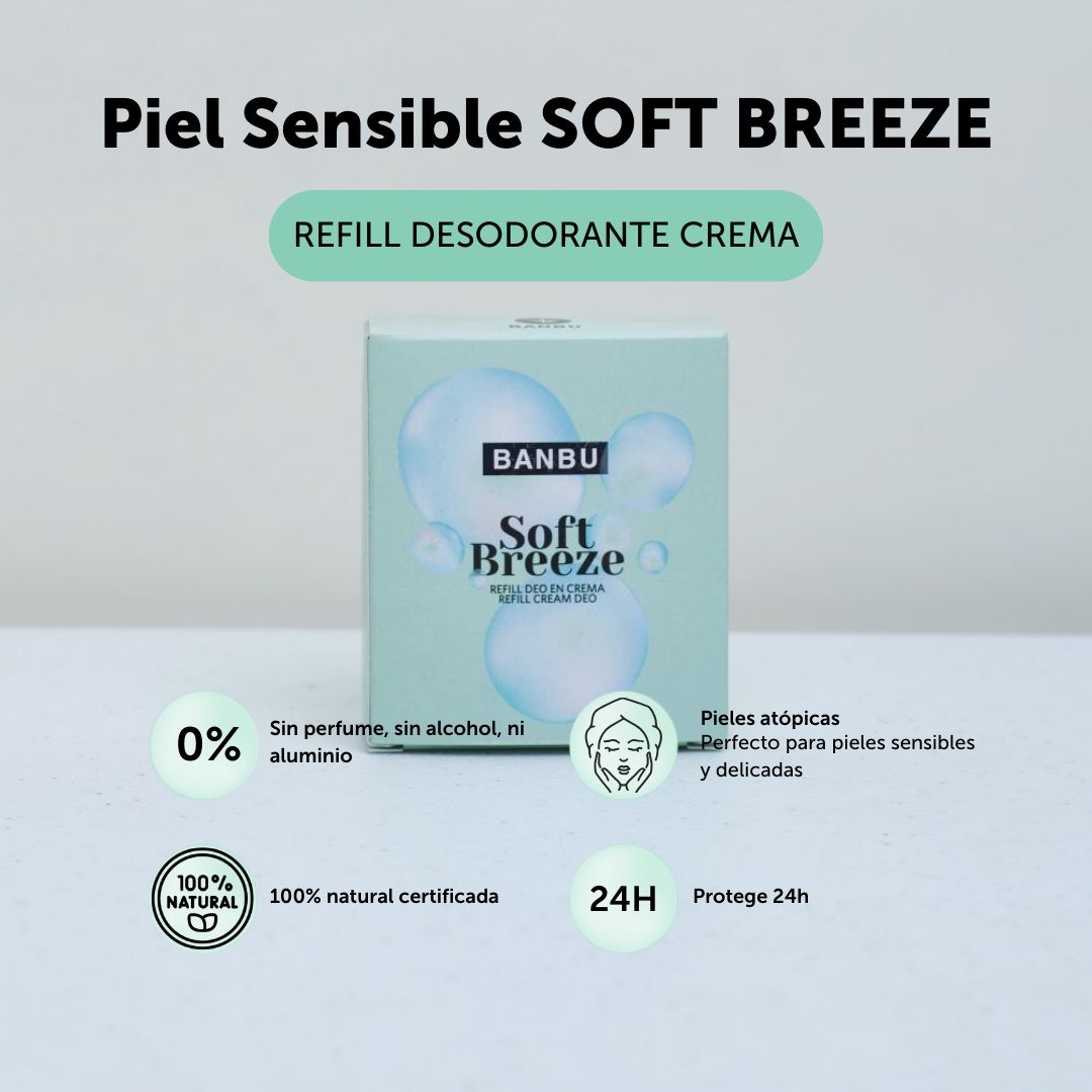 Refill soft breeze sin perfumes, sin alcohol ni aluminio, con ingredientes naturales certificados, ideal para piel atópica. Protege durante horas.  