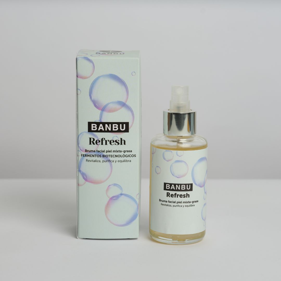 Tónico REFRESH de Banbu para pieles grasas, presentado junto a su caja ecológica minimalista y colorida.