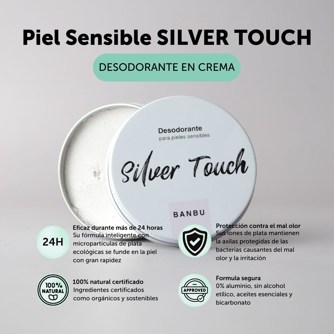 SIlver touch desodorante en crema para pieles sensibles. Dura más de 24 horas con su fórmula inteligente con micropartículas de plata ecológicas que se absorven en la piel con rapidez. Ofrece protección contra el mal olor gracias a sus iones de plata que mantienen la axila protegida de las bacterias causantes del mal olor y la irritación. Es una fórmula segura que no contiene alcohol, aluminio, ni aceites esenciales ni bicarbonato. Con ingredientes naturales. 