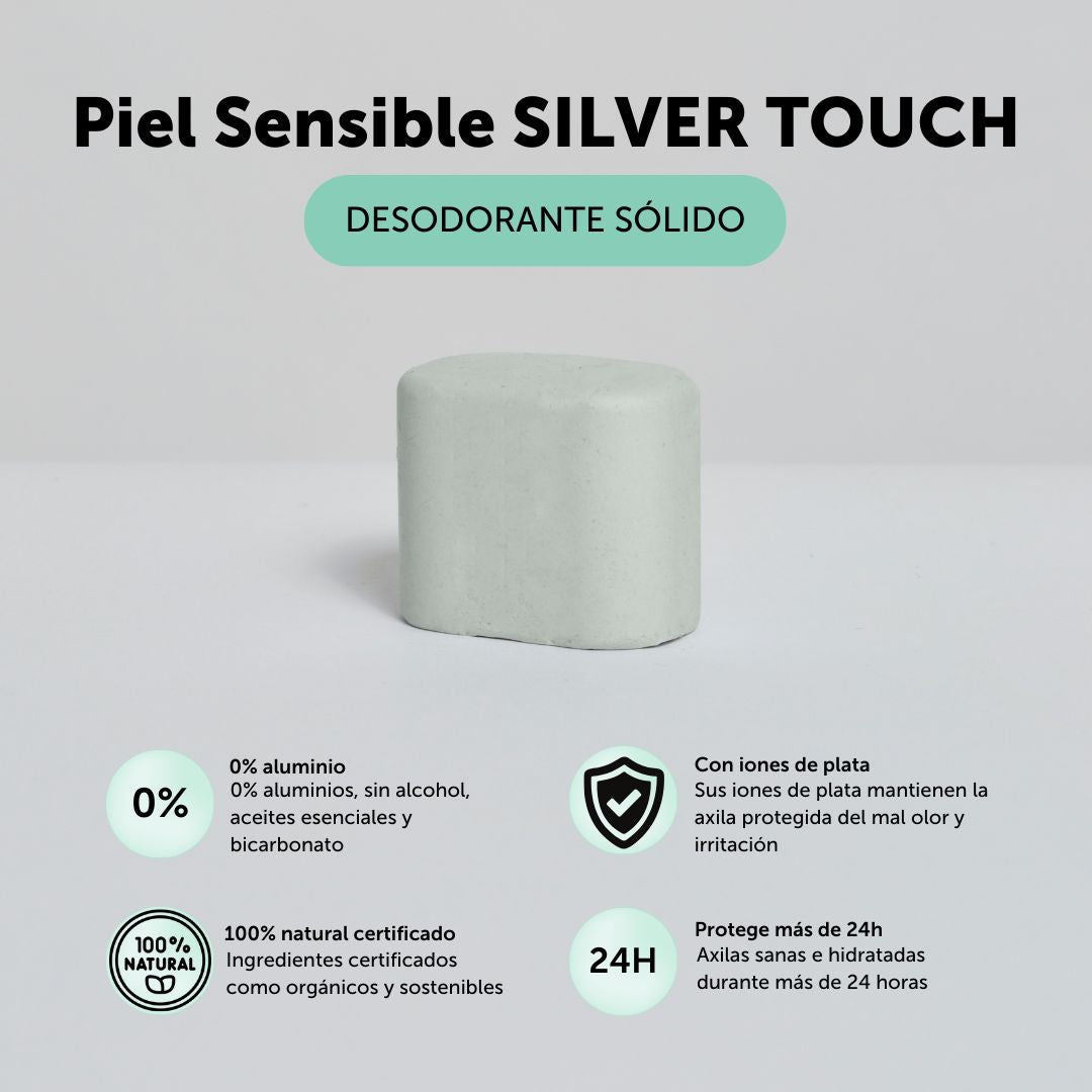 Desosorante sólido silver touch para pieles sensibles sin aluminio, sin alcohol, sin aceites esenciales y sin bicarbonato. Contiene iones de plata que mantienen la axila portegida del mal olor, con ingredientes 100% naturales certificados como orgánicos y sostenibles que protegen la axila más de 24 horas. 