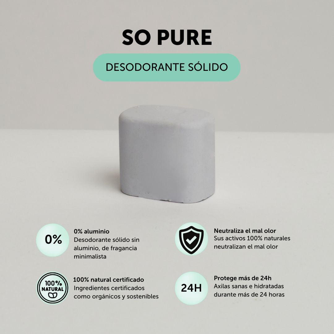 Desodorante natural sólido con 0% de aluminio y fragancia minimalista, con activos naturales que neutralizan el mal olor y protección durante más de horas.  