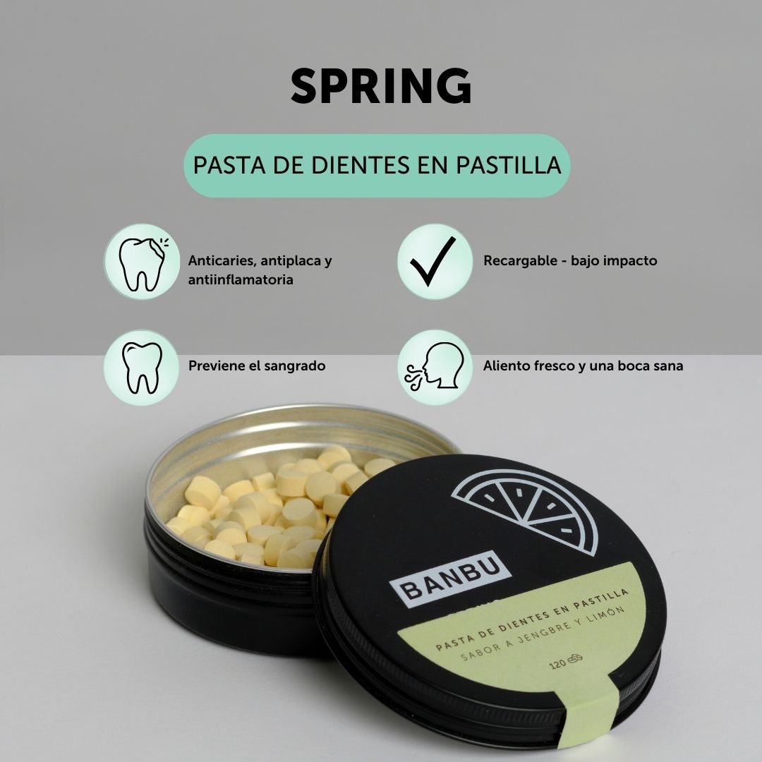 Pasta de dientes en pastilla natural con sabor limón que previene el sangrado, mantiene el aliento fresco y la boca sana, es anticaries, antiplaca y antinflamatoria. Además es de bajo impacto porque se puede recargar. 