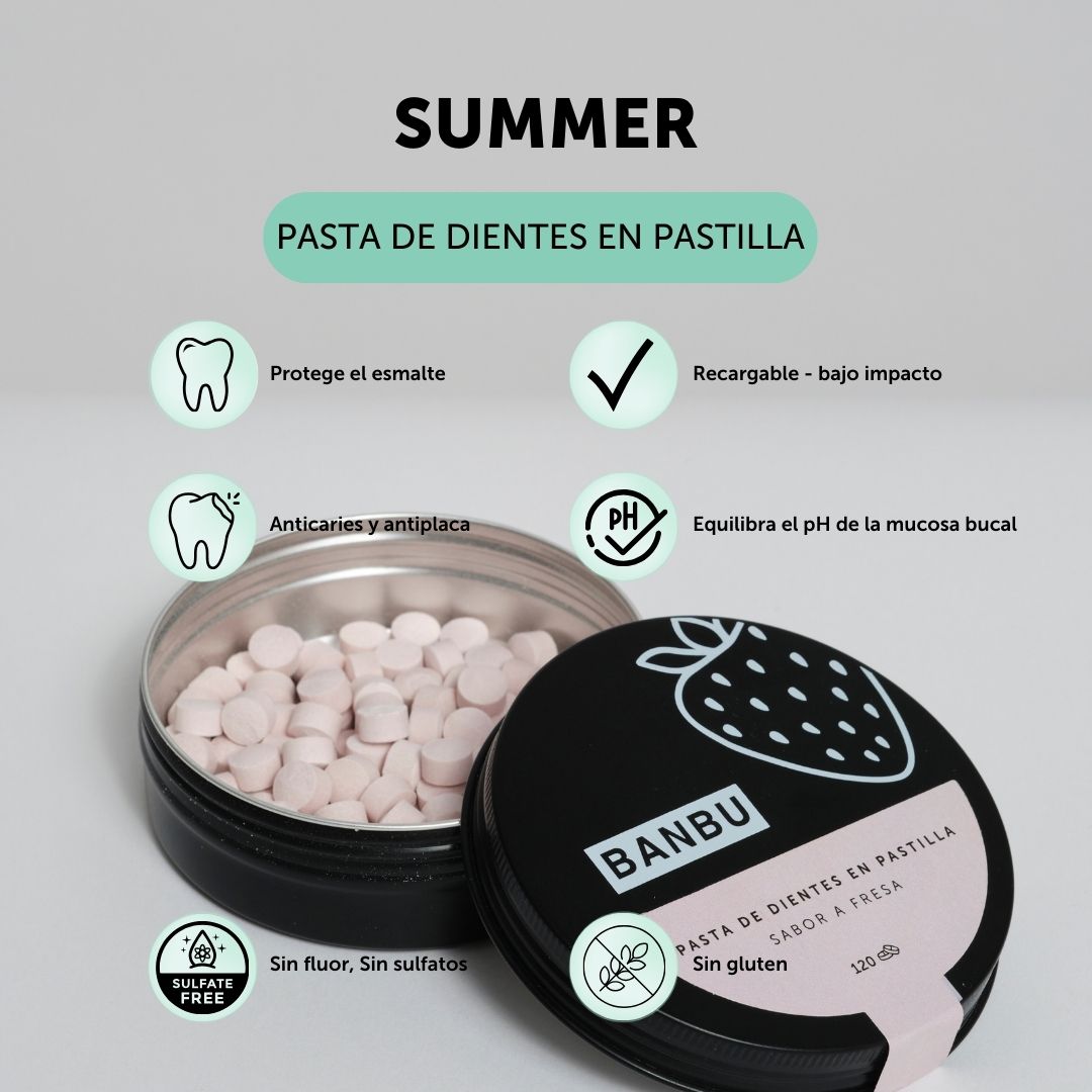 Pasta de dientes natural en pastilla que protege el esmalte, es anticaries y antiplaca, equilibra el ph de la mucosa bucal, sin flúor y sin sulfatos y además es recargable por lo que tiene un bajo impacto. 