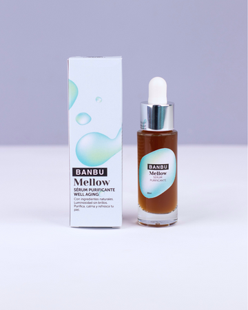 Envase y caja del sérum Mellow, seborregulador y anti imperfecciones con ingredientes naturales.