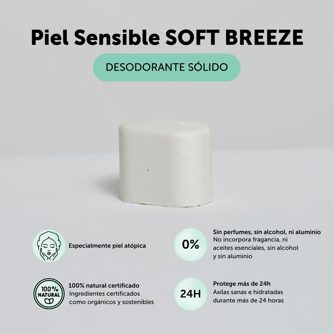 DEsodorante natural soft breeze en formato sólido recomendado para piel atópica, sin perfumes, sin alcohol, ni aluminio con ingredientes naturales certificados como orgánicos y sostenibles. Protege más de horas del mal olor.  