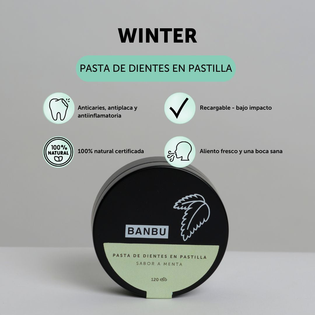 Pasta de dientes en pastilla natural que previene la caries, la placa y es antinflamatorio, es 100% natural certificada, deja un aliento fresco y una oca sana y es recargable por lo que tiene un bajo impacto