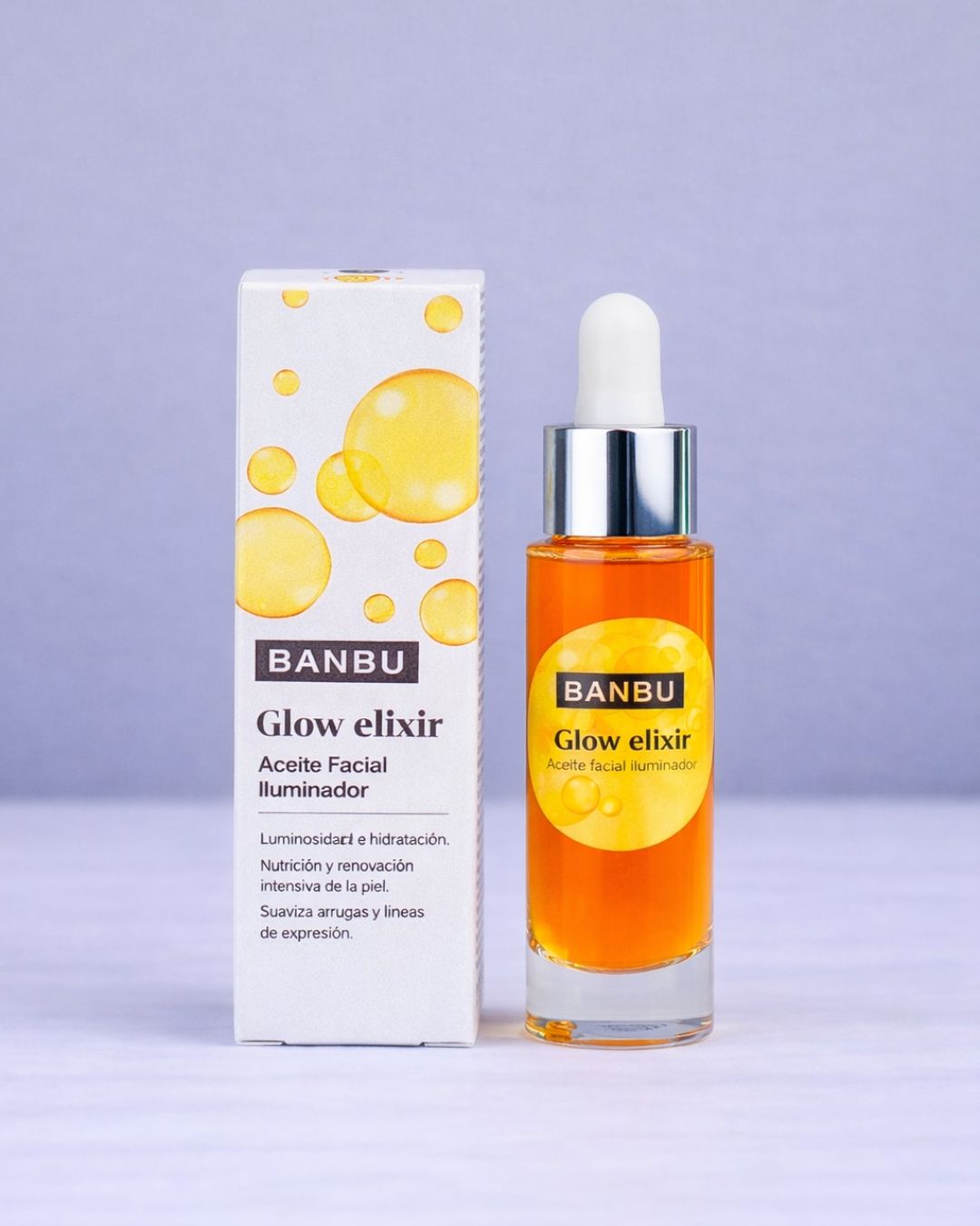 Presentación del nuevo envase y caja del aceite hidratante facial Glow Elixir de BANBU. Un sérum para piel seca diseñado para aportar luminosidad, nutrición intensiva y suavizar las líneas de expresión.