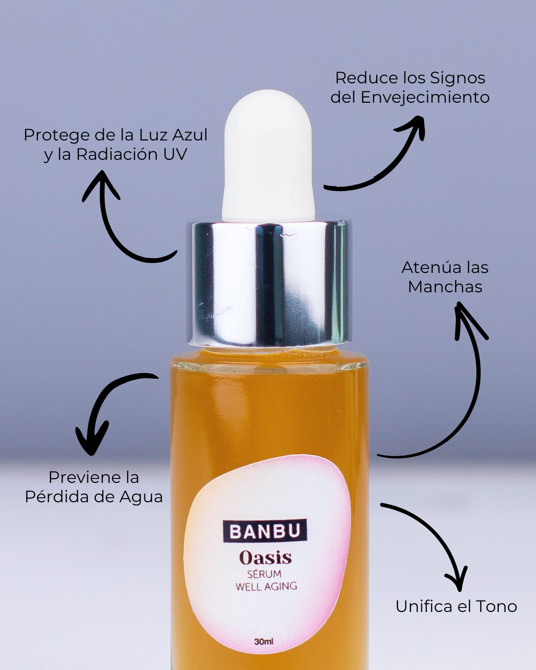 Primer plano del frasco de 30 ml de Oasis, considerado el mejor serum antiedad por sus múltiples beneficios: protege de la luz azul y radiación UV, reduce los signos del envejecimiento, atenúa las manchas, unifica el tono y previene la pérdida de agua.