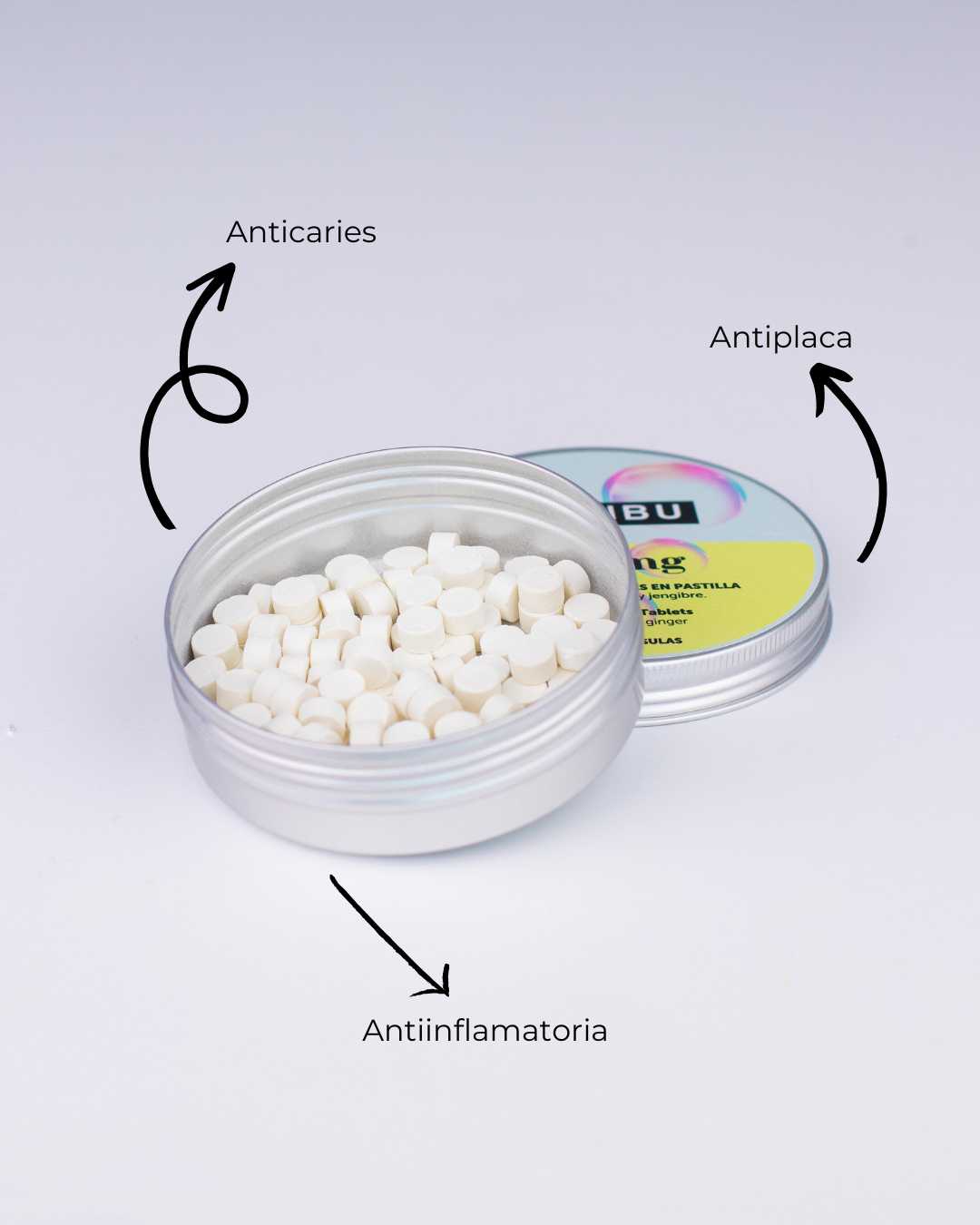Envase de aluminio abierto con pastillas de dientes Spring, detallando gráficamente su triple acción: anticaries, antiplaca y pasta de dientes antiinflamatoria.