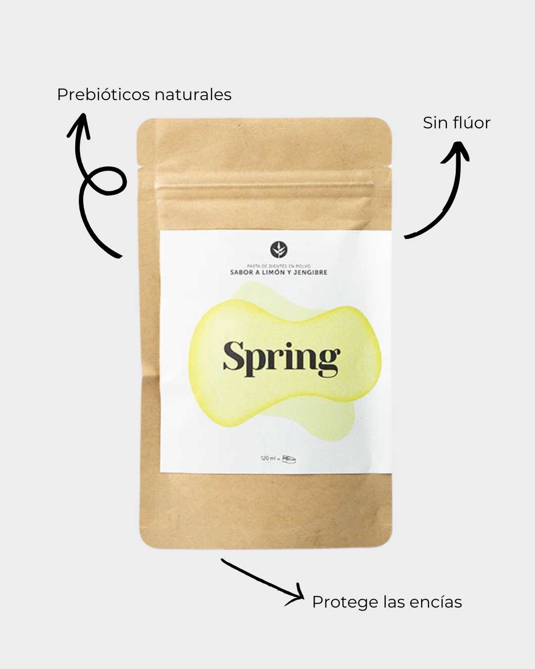 Bolsa de recarga de Spring Banbu, mostrando los beneficios de la pasta de dientes sin flúor: protege las encías y previene las caries.