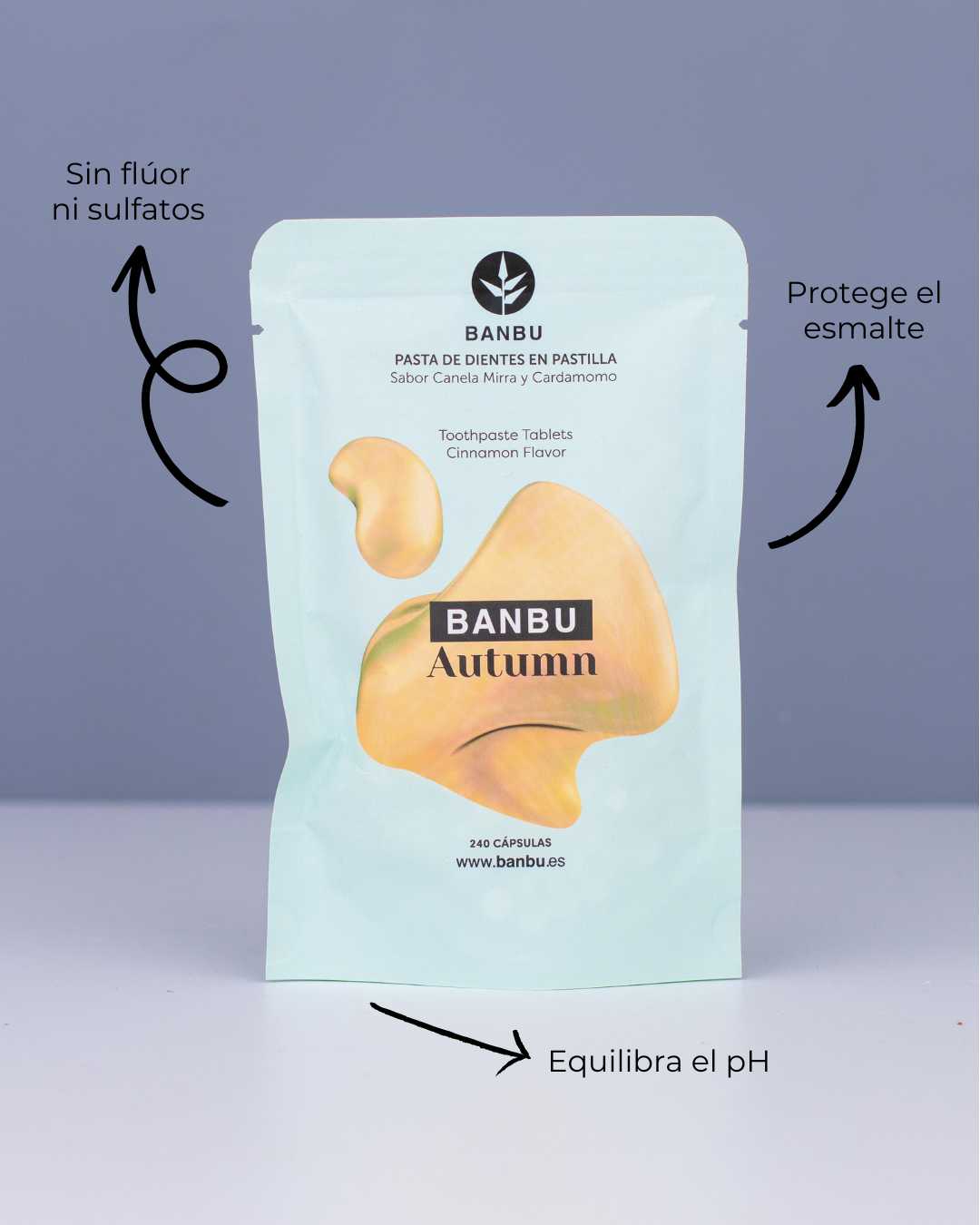 Envase de recarga doypack de Autumn de Banbu, un dentífrico sin flúor ni sulfatos con indicaciones gráficas de sus beneficios: equilibra el pH y protege el esmalte dental.