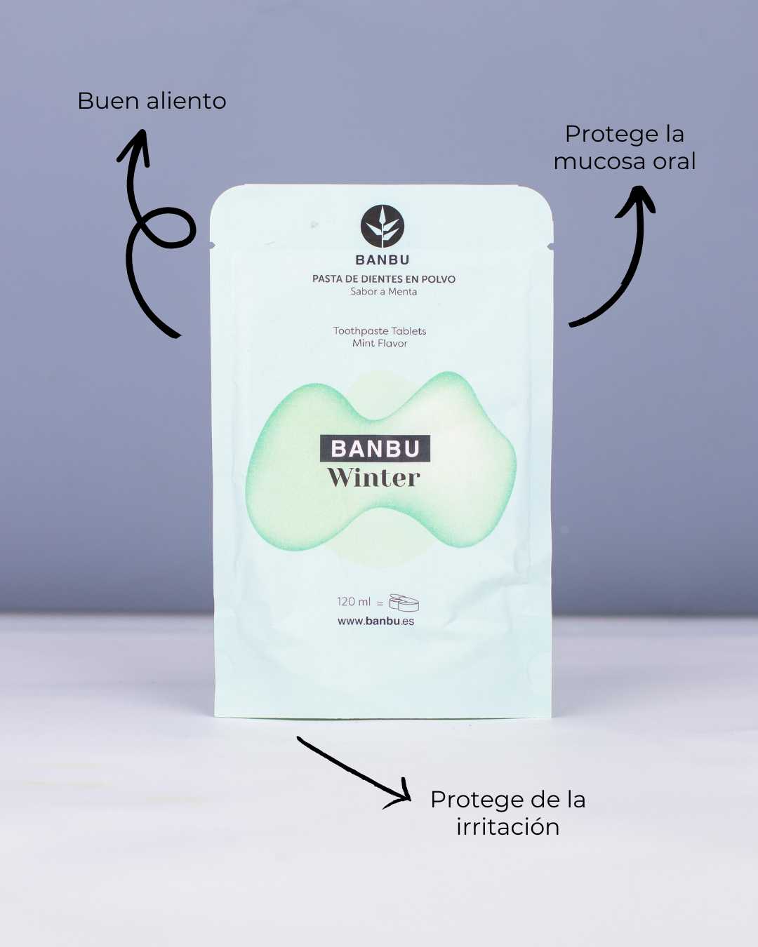 Envase de recarga biodegradable Winter de 120 ml con textos explicativos: buen aliento, protege la mucosa oral y protege de la irritación.