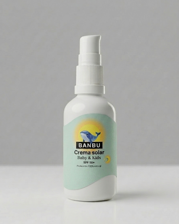 Bote de fotoprotector solar infantil SPF 50 para pieles sensibles.