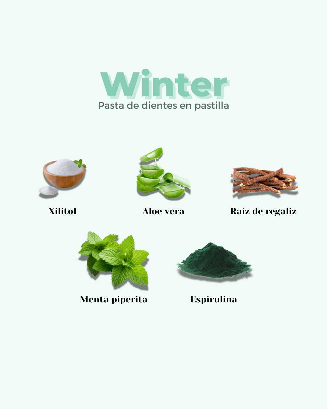 Infografía con los ingredientes naturales de Winter de Banbu: xilitol, raíz de regaliz, menta piperita, espirulina y extracto de aloe vera para una pasta de dientes sin flúor.
