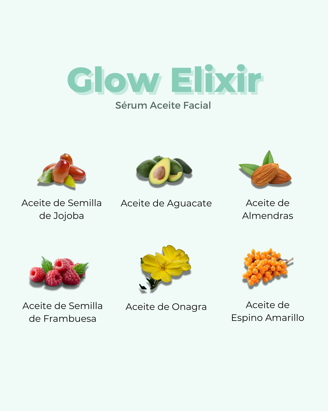 Infografía de los ingredientes del aceite hidratante facial Glow Elixir, destacando sus aceites vegetales puros: jojoba, aguacate, almendras, semilla de frambuesa, onagra y espino amarillo.