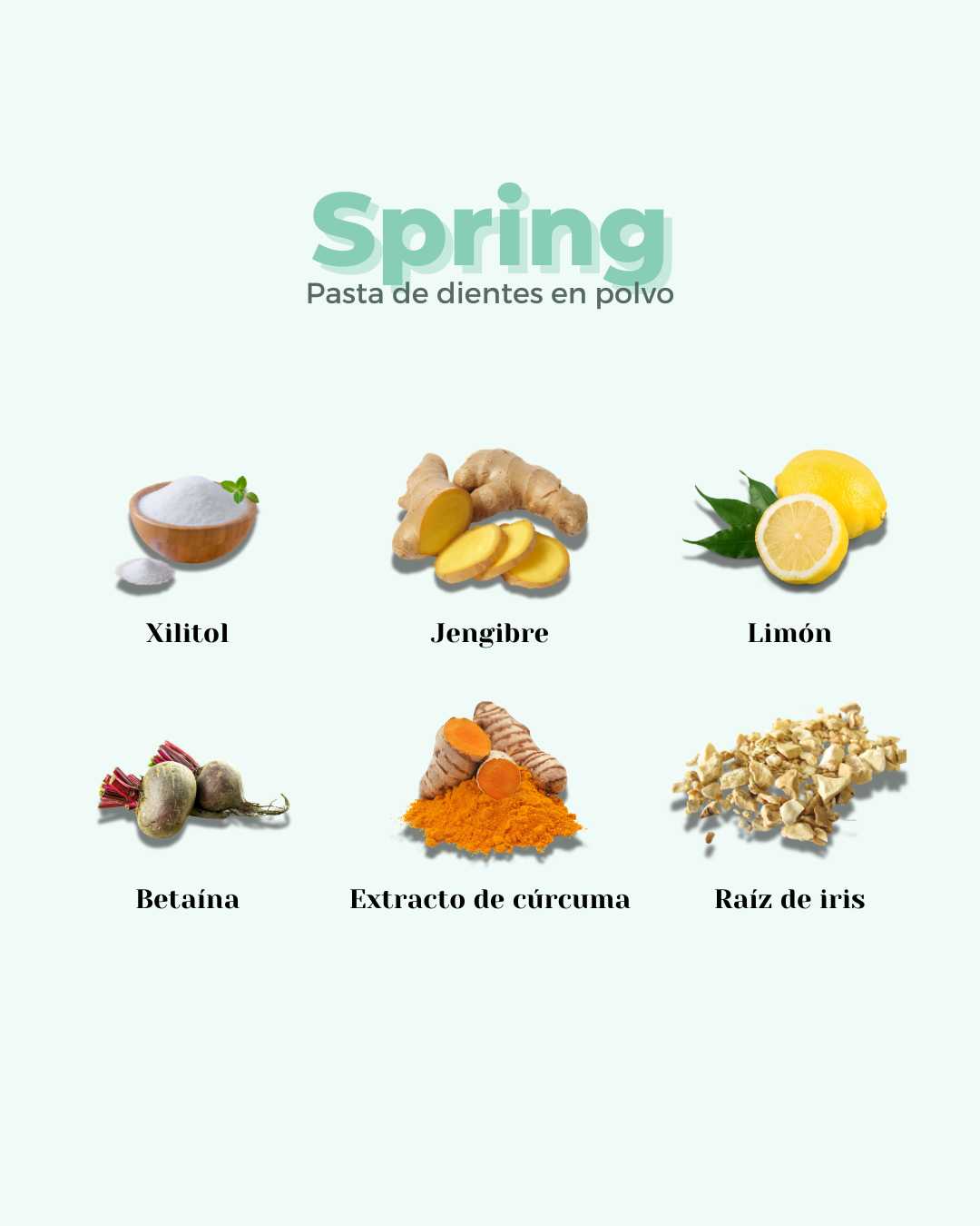 Infografía de los ingredientes naturales de la pasta de dientes en polvo Spring de Banbu: xilitol, jengibre, limón, extracto de cúrcuma y cártamo.