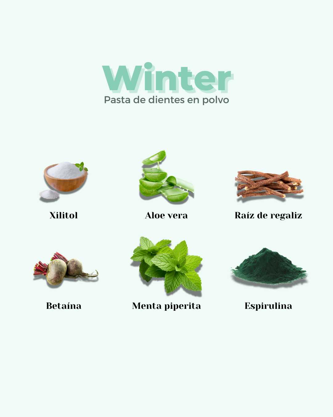 Infografía de ingredientes de la pasta de dientes Winter de Banbu sabor menta: xilitol, aloe vera, raíz de regaliz, betaína, menta piperita y espirulina.